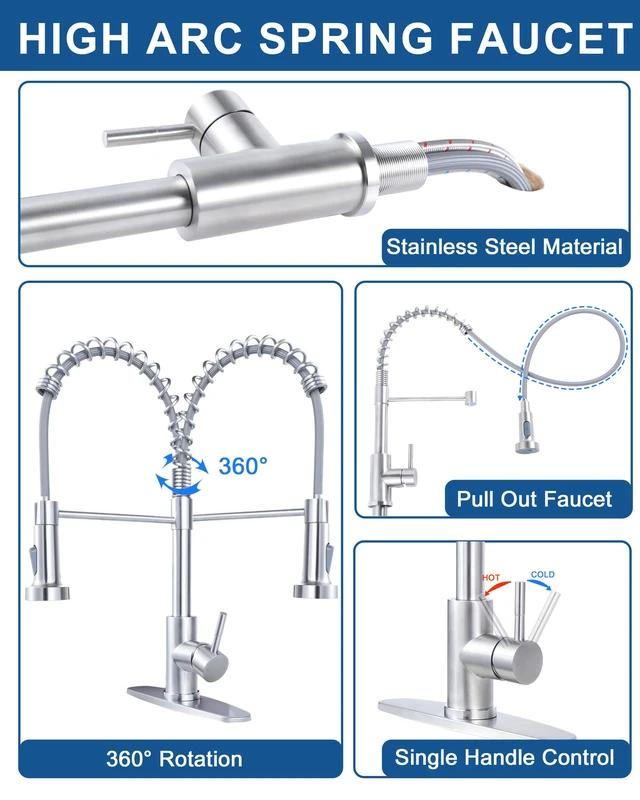 Alt view image 6 of 7 - Kitchen Faucet with Pull Down Sprayer, Brushed Nickel, High-Arc | Stainless Steel, Lead-Free NSF Certified, Single-Handle, 360° Swivel Spout, 1 or 3 Hole for Farmhouse RV Laundry Bar Sink