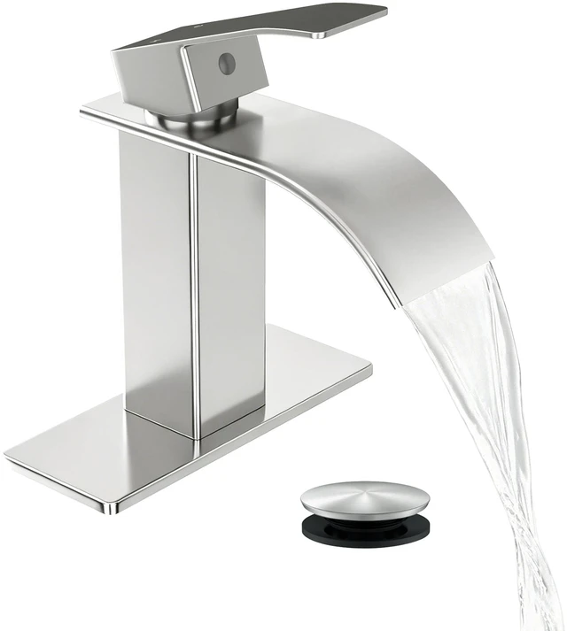 Main image of Waterfall Single Handle Bathroom Sink Faucet Brushed Nickel | Vanity Faucet with Pop-up Drain, llaves para lavamanos de baño, Ceramic Valve, for 1 or 3 Hole Modern Bathrooms.