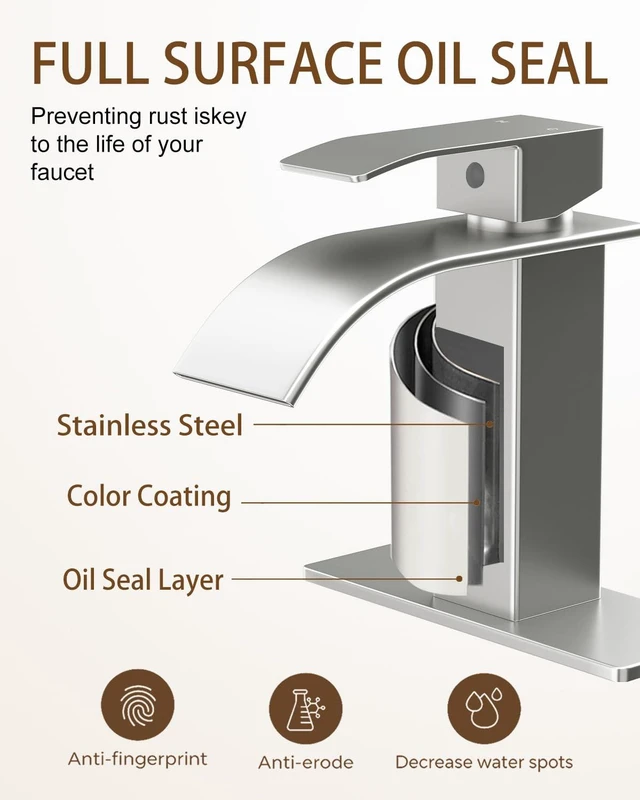 Alt view image 2 of 6 - Waterfall Single Handle Bathroom Sink Faucet Brushed Nickel | Vanity Faucet with Pop-up Drain, llaves para lavamanos de baño, Ceramic Valve, for 1 or 3 Hole Modern Bathrooms.