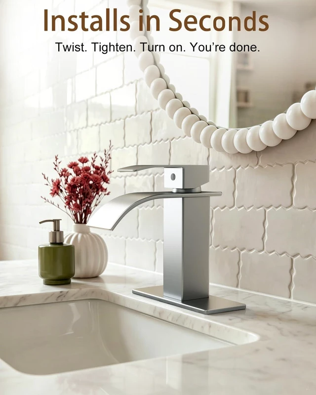 Alt view image 6 of 6 - Waterfall Single Handle Bathroom Sink Faucet Brushed Nickel | Vanity Faucet with Pop-up Drain, llaves para lavamanos de baño, Ceramic Valve, for 1 or 3 Hole Modern Bathrooms.
