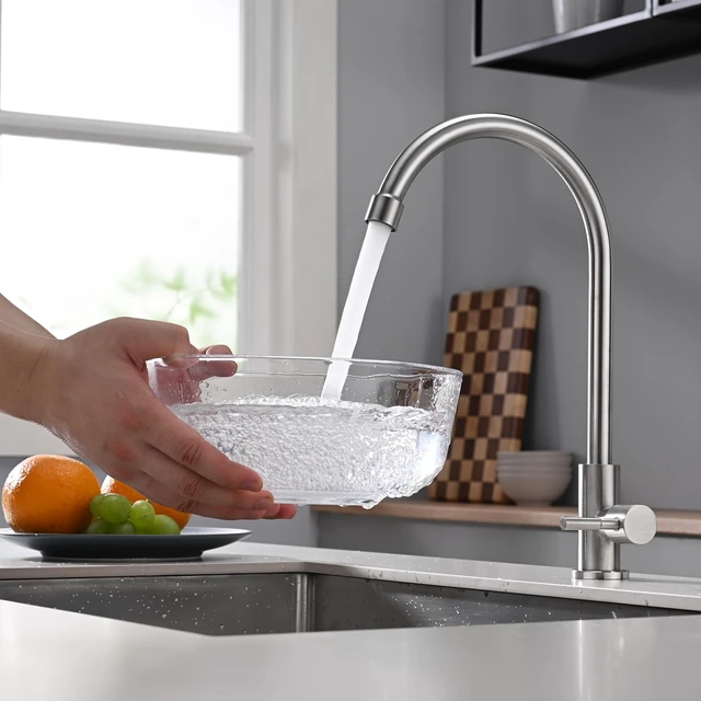 Alt view image 2 of 7 - Cold Only Bar Sink Faucet, Brushed Nickel | SUS304 Stainless Steel, Cold Water Only Kitchen Faucet Single Handle Faucet for Outdoor Sink