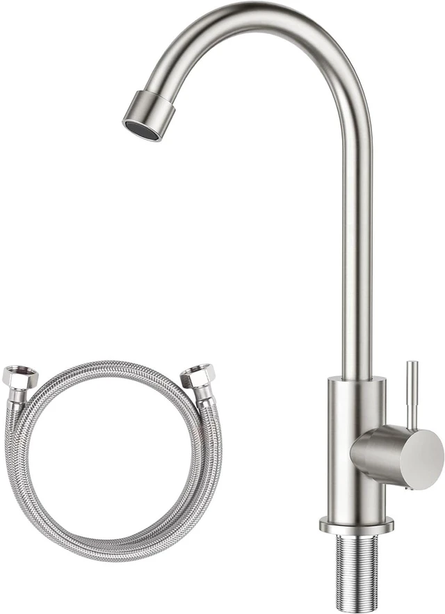 Main image of Brushed Nickel Stainless Steel High Arc Single Handle Single Hole Cold Water Faucet for Kitchen, Garden, Bar, Outdoor, Boat, Camping