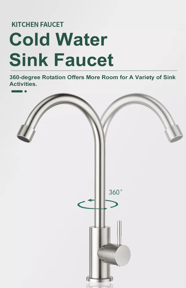 Alt view image 4 of 6 - Brushed Nickel Stainless Steel High Arc Single Handle Single Hole Cold Water Faucet for Kitchen, Garden, Bar, Outdoor, Boat, Camping