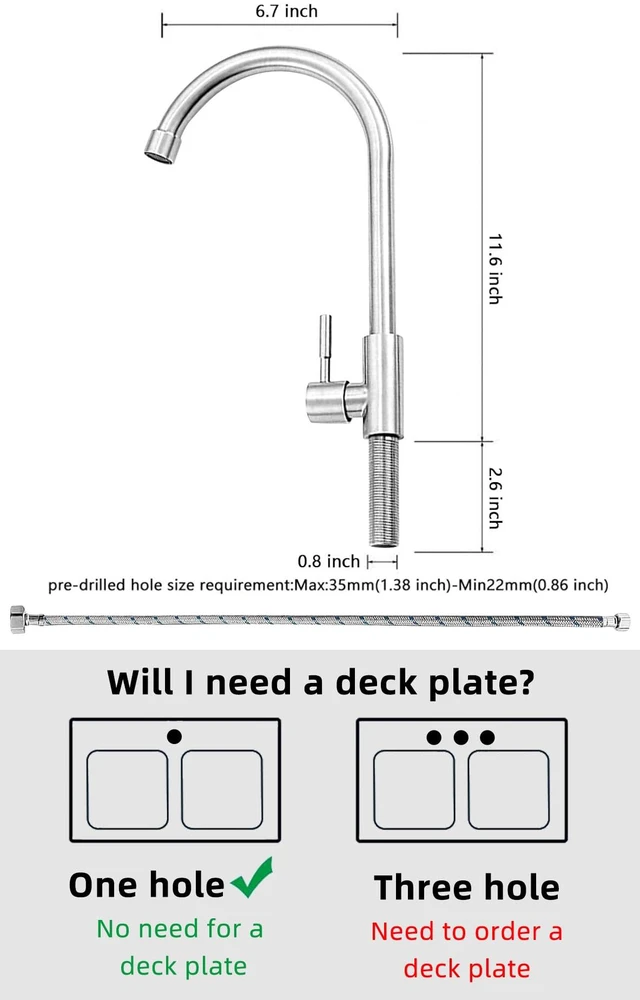 Alt view image 5 of 6 - Brushed Nickel Stainless Steel High Arc Single Handle Single Hole Cold Water Faucet for Kitchen, Garden, Bar, Outdoor, Boat, Camping