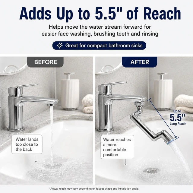 Alt view image 5 of 7 - Premium Solid Brass U-Shaped Faucet Extender for Bathroom Sink and Kitchen,1080° Swivel Sink Faucet Extension with One-Touch Stop Button, 5.5" Long Reach, Fits M22/M24, M18.5/M21.5 Adapters