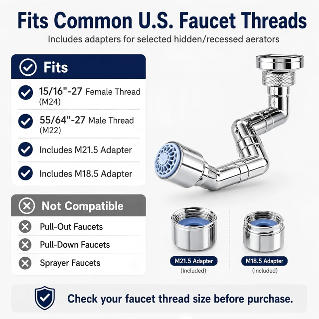 Alt view image 6 of 7 - Premium Solid Brass U-Shaped Faucet Extender for Bathroom Sink and Kitchen,1080° Swivel Sink Faucet Extension with One-Touch Stop Button, 5.5" Long Reach, Fits M22/M24, M18.5/M21.5 Adapters