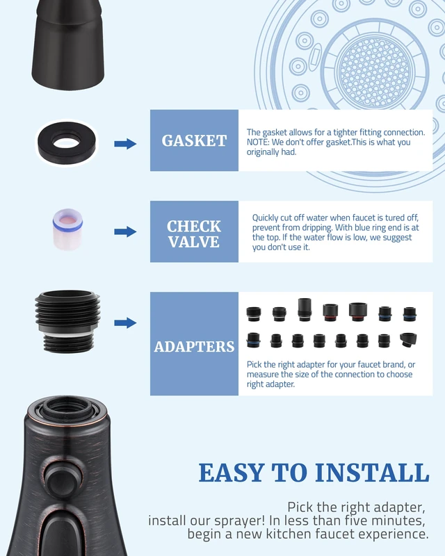 Alt view image 2 of 7 - Kitchen Faucet Replacement Spray Head - with 15 Adapters, Oil Rubbed Bronz Pull Down Kitchen Sink Faucet Sprayer Head, 3-Function Nozzle Stream/Spray/Blade, Easy to Install, Compatible with Moen Delta
