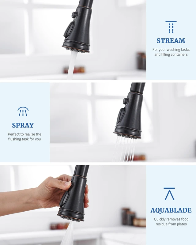 Alt view image 3 of 7 - Kitchen Faucet Replacement Spray Head - with 15 Adapters, Oil Rubbed Bronz Pull Down Kitchen Sink Faucet Sprayer Head, 3-Function Nozzle Stream/Spray/Blade, Easy to Install, Compatible with Moen Delta
