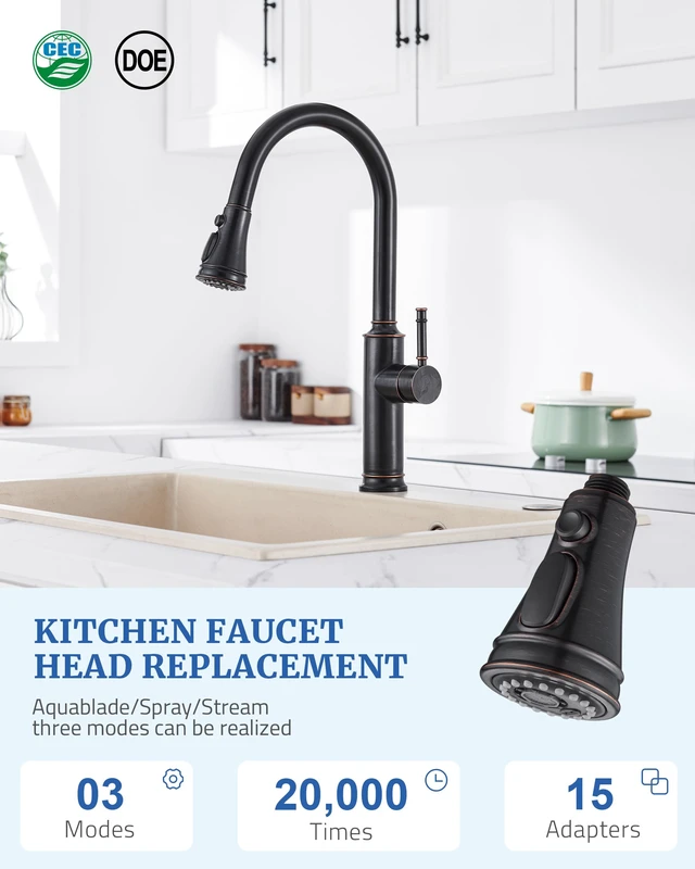 Alt view image 4 of 7 - Kitchen Faucet Replacement Spray Head - with 15 Adapters, Oil Rubbed Bronz Pull Down Kitchen Sink Faucet Sprayer Head, 3-Function Nozzle Stream/Spray/Blade, Easy to Install, Compatible with Moen Delta
