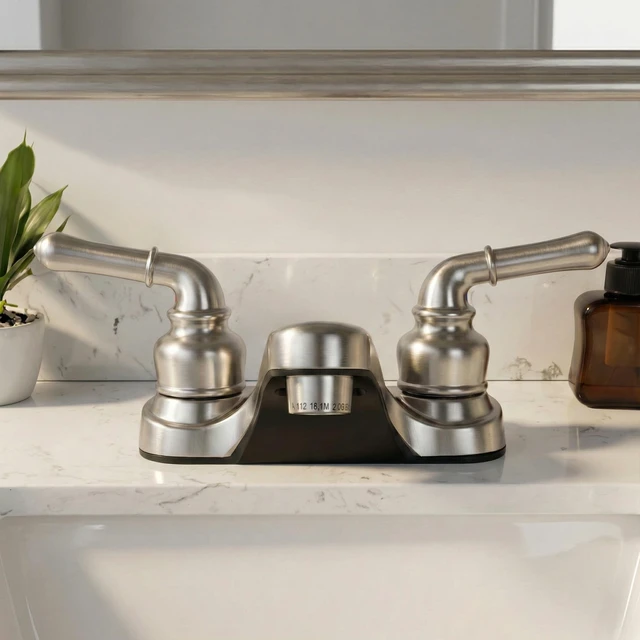 Alt view image 3 of 7 - Lynden Bathroom Sink Faucet, Metallic Plated ABS (Satin Nickel) | Lightweight, rustproof, and easy to install; smooth valve control for kitchen, bath, or laundry sinks. Durable plastic build.