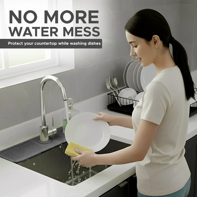 Alt view image 4 of 7 - Silicone Faucet Mat for Kitchen Sink 17.7 Inch | 5° Slope Fast Self-Draining Sink Splash Guard | Multipurpose Faucet Mat Foldable Durable No Smell | Cut-to-Fit Opening Up to 2.6in|Dark Grey