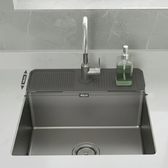 Alt view image 3 of 7 - Silicone Faucet Mat for Kitchen Sink 17.7 Inch | 5° Slope Fast Self-Draining Sink Splash Guard | Multipurpose Faucet Mat Foldable Durable No Smell | Cut-to-Fit Opening Up to 2.6in|Dark Grey