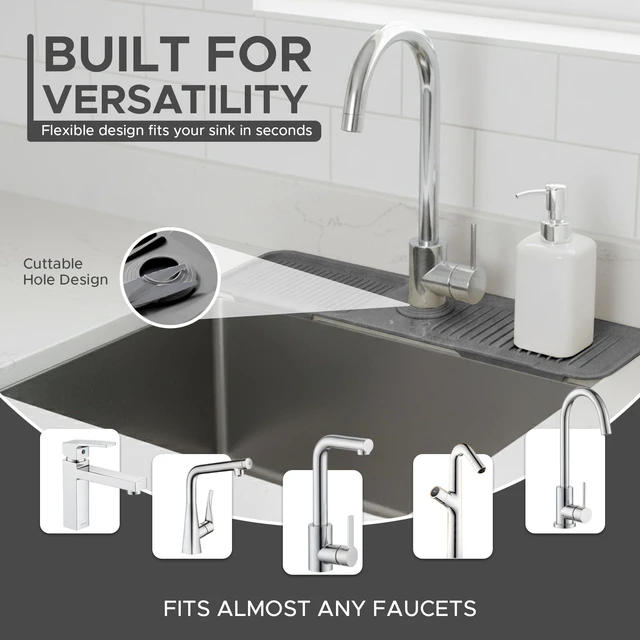 Alt view image 5 of 7 - Silicone Faucet Mat for Kitchen Sink 17.7 Inch | 5° Slope Fast Self-Draining Sink Splash Guard | Multipurpose Faucet Mat Foldable Durable No Smell | Cut-to-Fit Opening Up to 2.6in|Dark Grey