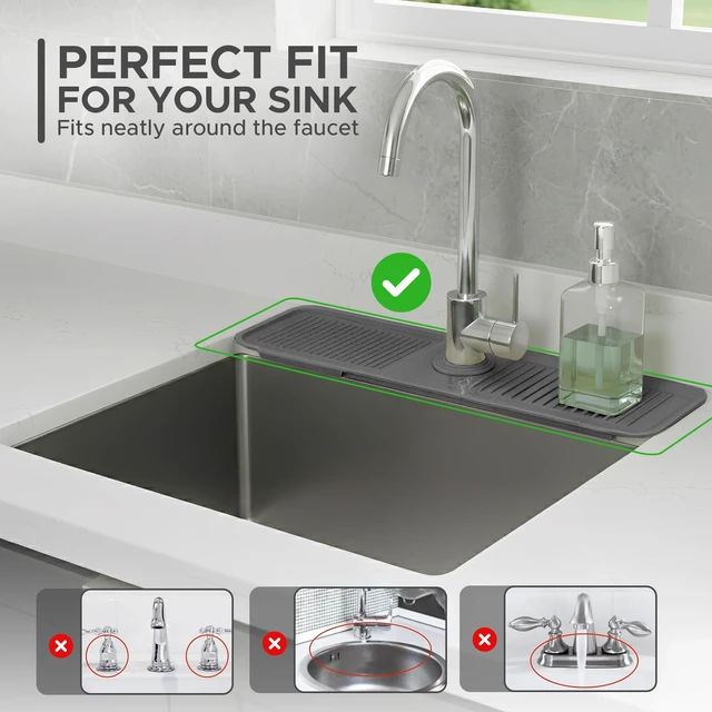 Alt view image 6 of 7 - Silicone Faucet Mat for Kitchen Sink 17.7 Inch | 5° Slope Fast Self-Draining Sink Splash Guard | Multipurpose Faucet Mat Foldable Durable No Smell | Cut-to-Fit Opening Up to 2.6in|Dark Grey