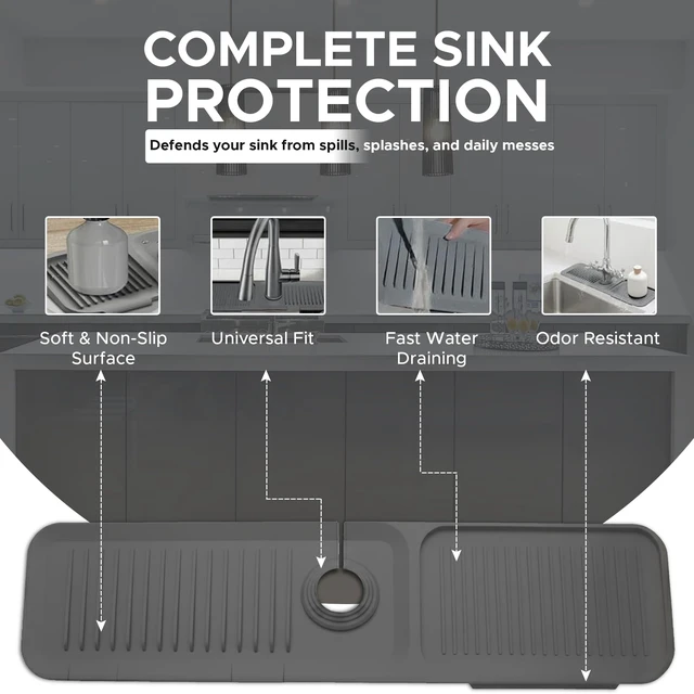 Alt view image 2 of 7 - Silicone Faucet Mat for Kitchen Sink 17.7 Inch | 5° Slope Fast Self-Draining Sink Splash Guard | Multipurpose Faucet Mat Foldable Durable No Smell | Cut-to-Fit Opening Up to 2.6in|Dark Grey