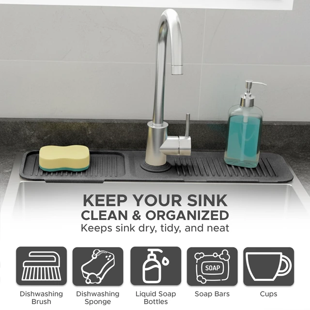 Alt view image 7 of 7 - Silicone Faucet Mat for Kitchen Sink 17.7 Inch | 5° Slope Fast Self-Draining Sink Splash Guard | Multipurpose Faucet Mat Foldable Durable No Smell | Cut-to-Fit Opening Up to 2.6in|Dark Grey