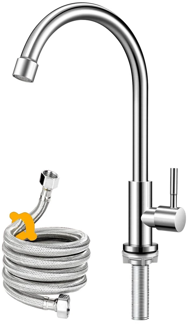 Main image of Brushed Nickel Cold Water Faucet Only,Single Handle Single Hole SUS304 Stainless Steel Cold Water Faucet for Kitchen.Outdoor(Stainless Steel nut, Longer Threaded Rod)