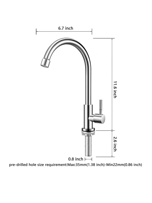 Alt view image 3 of 4 - Brushed Nickel Cold Water Faucet Only,Single Handle Single Hole SUS304 Stainless Steel Cold Water Faucet for Kitchen.Outdoor(Stainless Steel nut, Longer Threaded Rod)