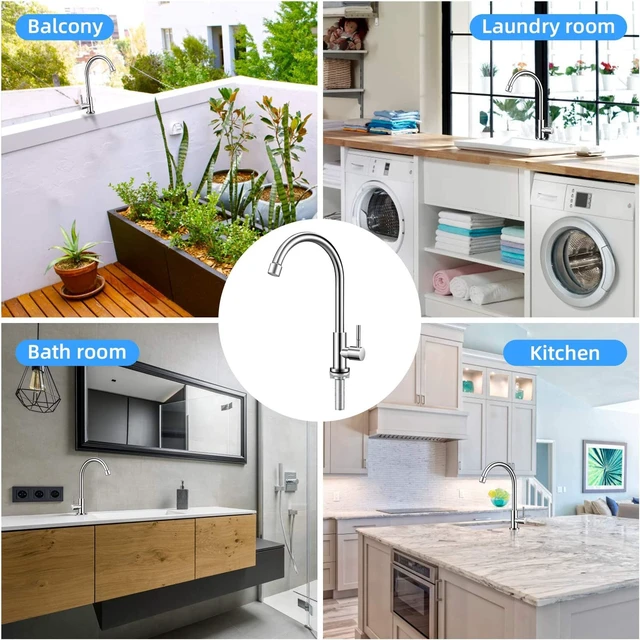 Alt view image 4 of 4 - Brushed Nickel Cold Water Faucet Only,Single Handle Single Hole SUS304 Stainless Steel Cold Water Faucet for Kitchen.Outdoor(Stainless Steel nut, Longer Threaded Rod)