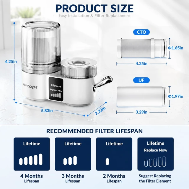 Alt view image 6 of 7 - T9-UF Faucet Water Filter for Kitchen Sink, with Smart Display | NSF/ANSI 42 Certified Tap Water Purifier, 0.01 Micron Ultrafiltration, 400 Gallon Capacity, White, with 1 Replacement