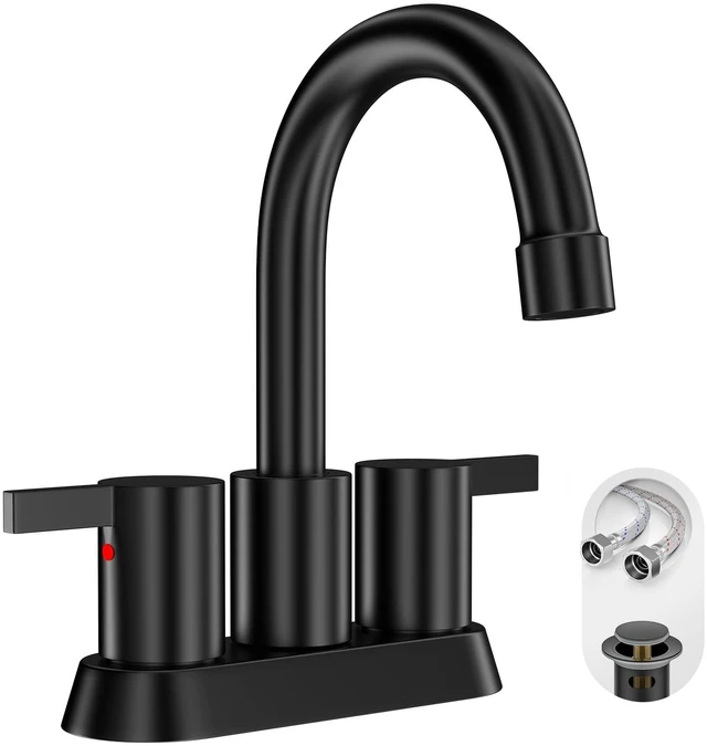 Main image of 4 Inch 2 Handle Centerset Matte Black Lead-Free Modern Bathroom Faucet, 360 Swivel Spout 2-3 Hole RV Bathroom Vanity Sink Faucet with Pop Up Drain and Water Supply Lines,BF015-1-MB