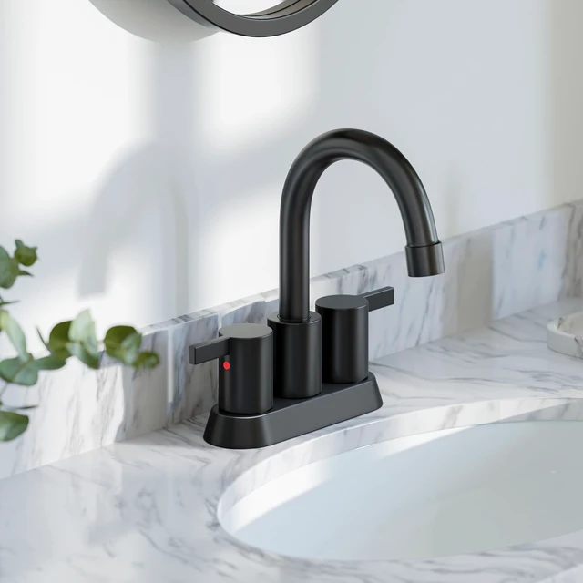 Alt view image 2 of 7 - 4 Inch 2 Handle Centerset Matte Black Lead-Free Modern Bathroom Faucet, 360 Swivel Spout 2-3 Hole RV Bathroom Vanity Sink Faucet with Pop Up Drain and Water Supply Lines,BF015-1-MB
