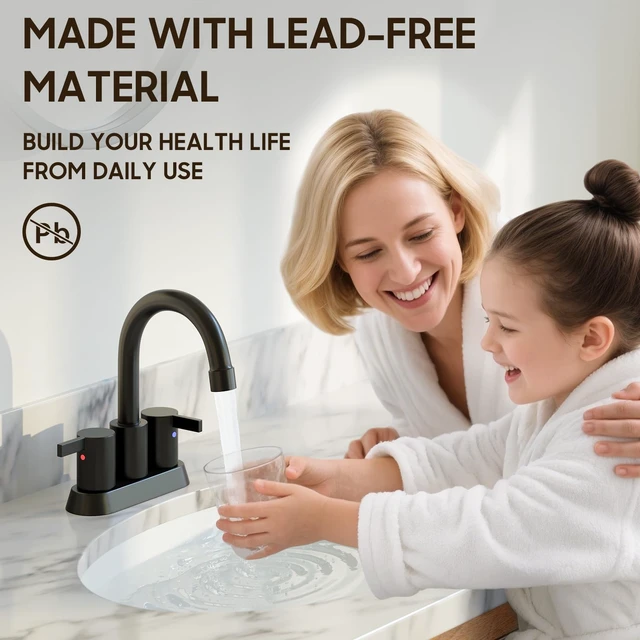 Alt view image 3 of 7 - 4 Inch 2 Handle Centerset Matte Black Lead-Free Modern Bathroom Faucet, 360 Swivel Spout 2-3 Hole RV Bathroom Vanity Sink Faucet with Pop Up Drain and Water Supply Lines,BF015-1-MB