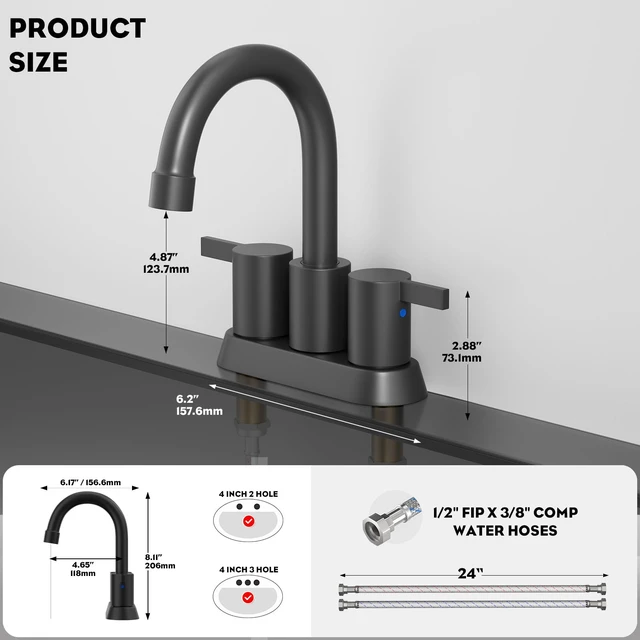 Alt view image 6 of 7 - 4 Inch 2 Handle Centerset Matte Black Lead-Free Modern Bathroom Faucet, 360 Swivel Spout 2-3 Hole RV Bathroom Vanity Sink Faucet with Pop Up Drain and Water Supply Lines,BF015-1-MB