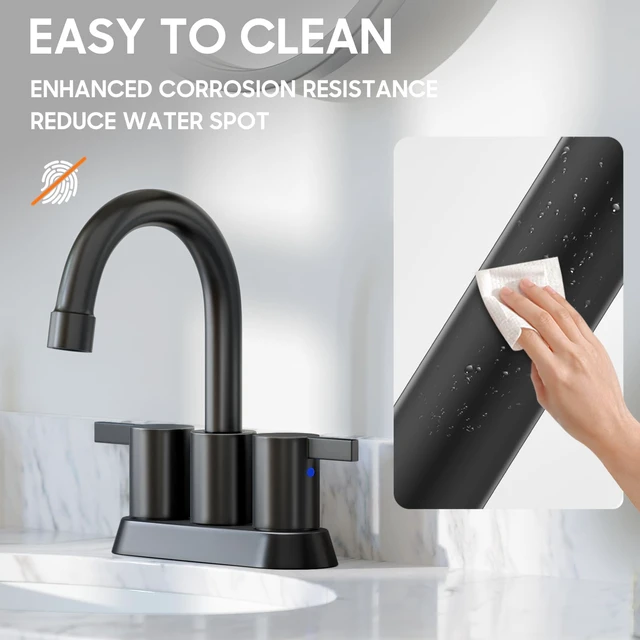 Alt view image 7 of 7 - 4 Inch 2 Handle Centerset Matte Black Lead-Free Modern Bathroom Faucet, 360 Swivel Spout 2-3 Hole RV Bathroom Vanity Sink Faucet with Pop Up Drain and Water Supply Lines,BF015-1-MB
