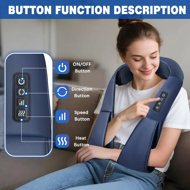 Alt view image 2 of 7 - Shiatsu Neck and Back Massager with Heat,Electric Shoulder Massager for Pain Relief Deep Tissue,3D Kneading Massage with Cloth Cover Easy to Clean (Blue)