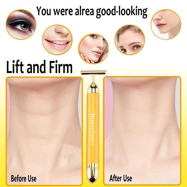 Alt view image 4 of 7 - Beauty Bar Gold Face Massager for Skin Care T-Shape Facial | T-Shape Electric Sign Face Massage Tools for Sensitive Skin Face Pull Tight Firming Lift Facial Face Lifting (Gold)