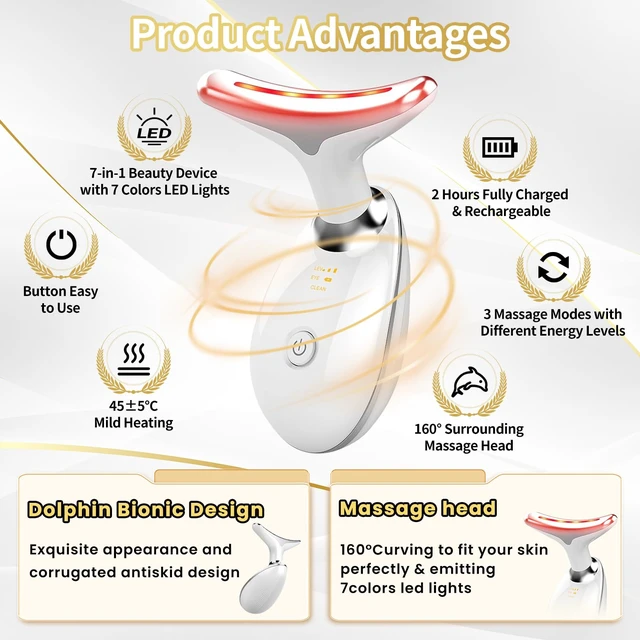 Alt view image 2 of 7 - Face Light Therapy Device, Based on Triple Action LED, Thermal, and Vibration Technologies, Face and Neck Beauty Device with 7 Color LED for Home Use, Improve Skin(Glossy White)