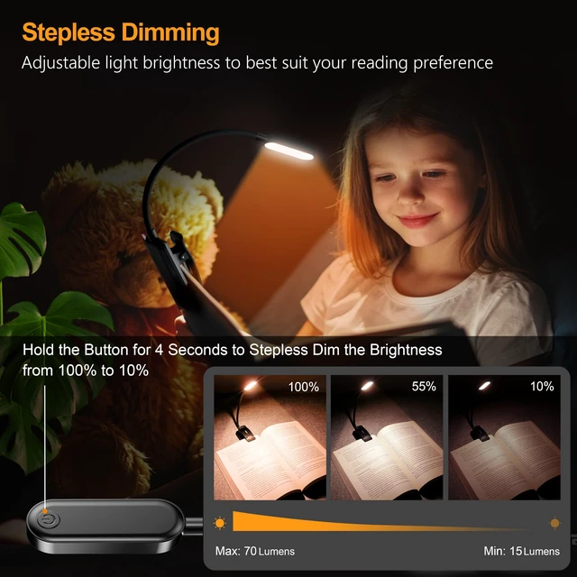 Alt view image 3 of 7 - 16 LED Rechargeable Book Light for Reading in Bed | Eye Caring 3 Color Temperatures,Stepless Dimming Brightness,80 Hrs Runtime,Lightweight Flexible Clip on Light for Book Lovers