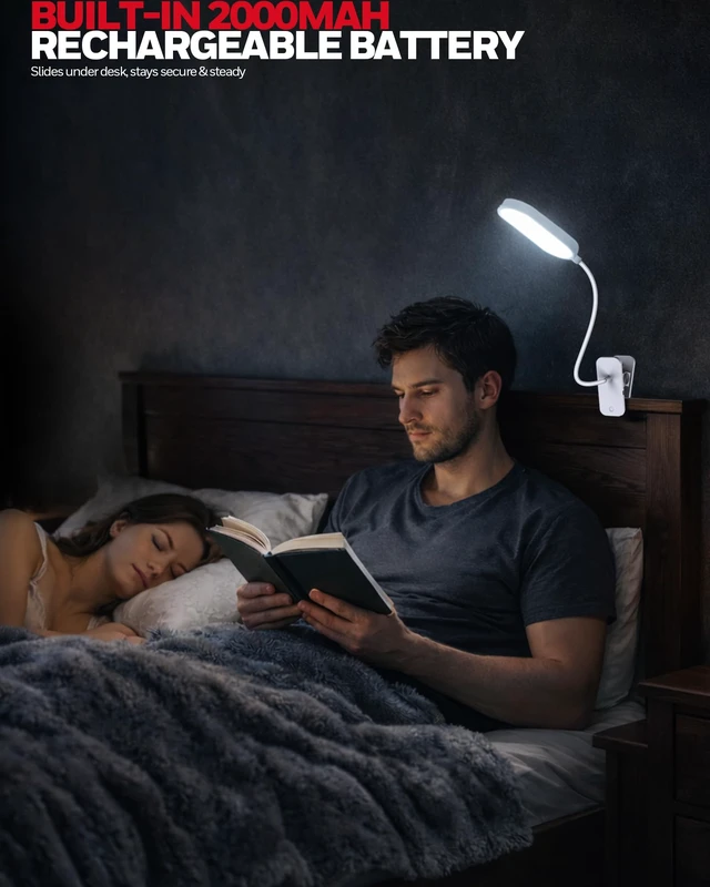 Alt view image 2 of 7 - Clip On Reading Light,Rechargeable LED 4000K CRI95 Gooseneck Lamp | 2000mAh Battery,Touch Desk Lamp White Light Mode,Eye-Caring Study Lamp With Clamp for Bed/Headboard/Table/Dorm/Home Office