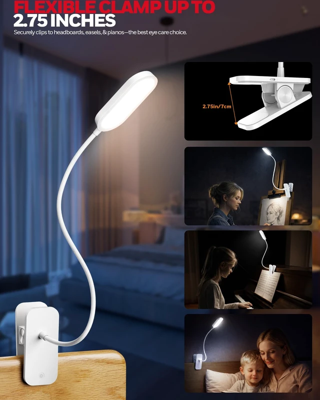 Alt view image 3 of 7 - Clip On Reading Light,Rechargeable LED 4000K CRI95 Gooseneck Lamp | 2000mAh Battery,Touch Desk Lamp White Light Mode,Eye-Caring Study Lamp With Clamp for Bed/Headboard/Table/Dorm/Home Office