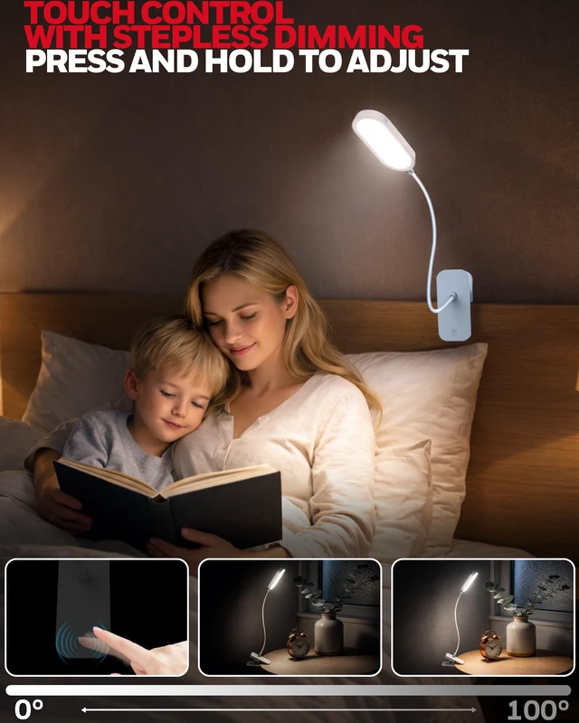 Alt view image 4 of 7 - Clip On Reading Light,Rechargeable LED 4000K CRI95 Gooseneck Lamp | 2000mAh Battery,Touch Desk Lamp White Light Mode,Eye-Caring Study Lamp With Clamp for Bed/Headboard/Table/Dorm/Home Office