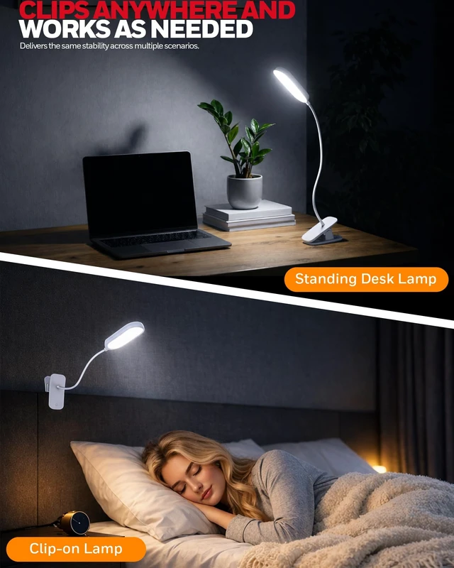 Alt view image 6 of 7 - Clip On Reading Light,Rechargeable LED 4000K CRI95 Gooseneck Lamp | 2000mAh Battery,Touch Desk Lamp White Light Mode,Eye-Caring Study Lamp With Clamp for Bed/Headboard/Table/Dorm/Home Office
