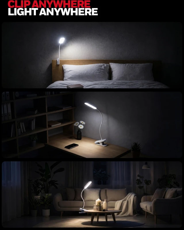 Alt view image 7 of 7 - Clip On Reading Light,Rechargeable LED 4000K CRI95 Gooseneck Lamp | 2000mAh Battery,Touch Desk Lamp White Light Mode,Eye-Caring Study Lamp With Clamp for Bed/Headboard/Table/Dorm/Home Office