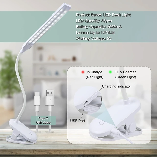 Alt view image 4 of 6 - LED Reading Light with Clip, Desk Lamp 48 LEDs 2600mAh Battery USB Rechargeable Book Lights Stepless Adjustable Brightness Eye Protection Flexible Table Lamps for Bed Headboard, Home, Office