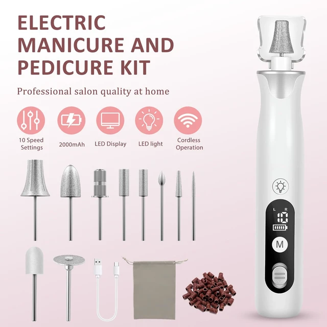 Alt view image 2 of 7 - Electric Nail Drill Kit, Professional Cordless Electric Nail File for Acrylic Gel Dip Powder Nails Portable Nail Machine Kit Manicure Pedicure Tools Set with Nail Drill Bits Sanding Bands (Silver)