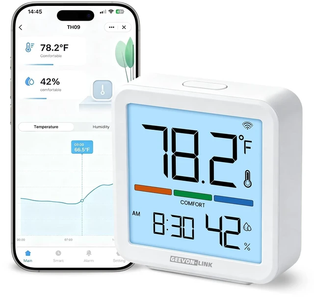Main image of Indoor WiFi Thermometer Hygrometer with App Email Notification | Wireless bluetooth smart digital humidity temperature monitor,remote sensor,2.4G wifi,LCD display,for bedroom,wine cellar