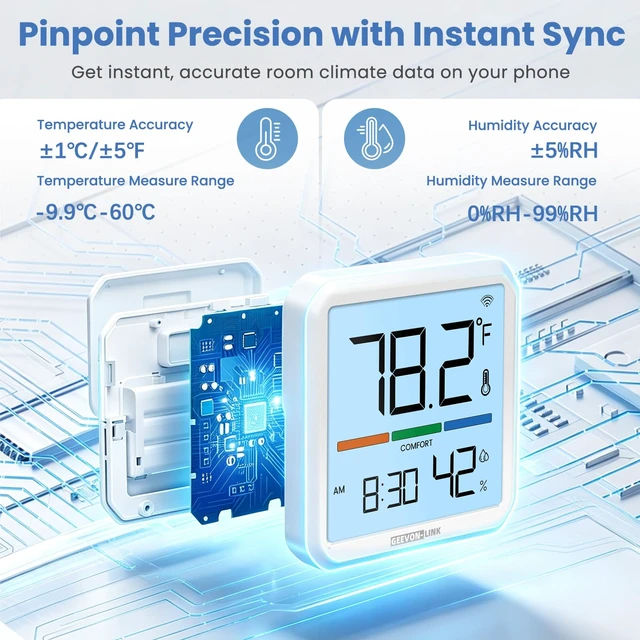 Alt view image 2 of 7 - Indoor WiFi Thermometer Hygrometer with App Email Notification | Wireless bluetooth smart digital humidity temperature monitor,remote sensor,2.4G wifi,LCD display,for bedroom,wine cellar
