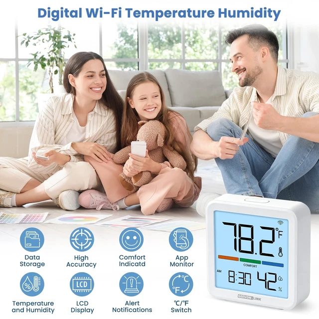 Alt view image 3 of 7 - Indoor WiFi Thermometer Hygrometer with App Email Notification | Wireless bluetooth smart digital humidity temperature monitor,remote sensor,2.4G wifi,LCD display,for bedroom,wine cellar