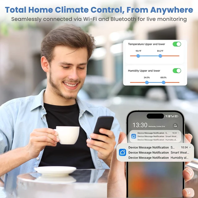 Alt view image 5 of 7 - Indoor WiFi Thermometer Hygrometer with App Email Notification | Wireless bluetooth smart digital humidity temperature monitor,remote sensor,2.4G wifi,LCD display,for bedroom,wine cellar