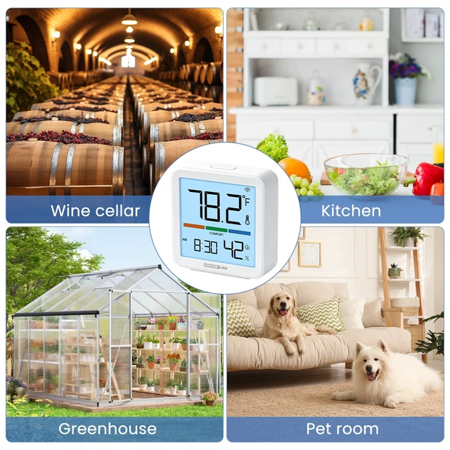 Alt view image 7 of 7 - Indoor WiFi Thermometer Hygrometer with App Email Notification | Wireless bluetooth smart digital humidity temperature monitor,remote sensor,2.4G wifi,LCD display,for bedroom,wine cellar