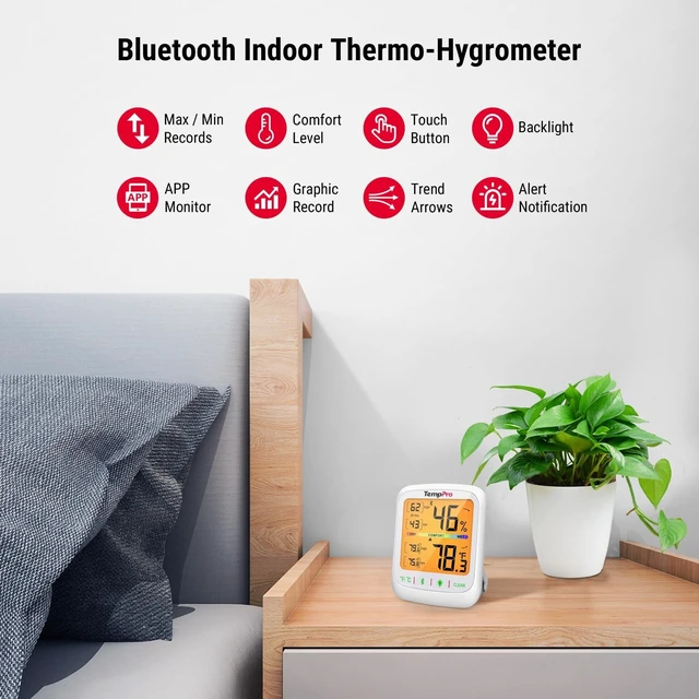 Alt view image 7 of 7 - TempAir Bluetooth Hygrometer Thermometer with Large Backlit LCD | 260 ft Wireless Remote Temperature and Humidity Monitor, Indoor Room Thermometer and Humidity Gauge with Max Min Records