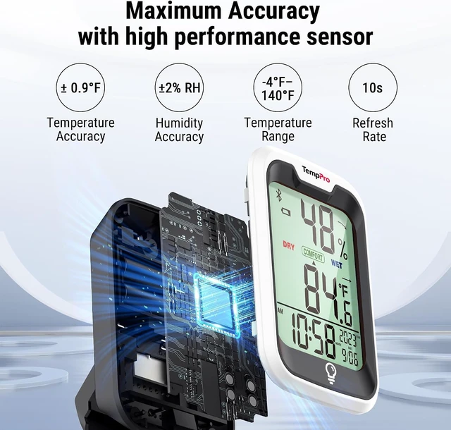 Alt view image 2 of 7 - TempAir Bluetooth Thermometer for Room Temperature with Clock | 260 ft Smart Temperature Sensor and Humidity Meter with Backlit, Hygrometer Indoor Thermometer with Data Storage Export