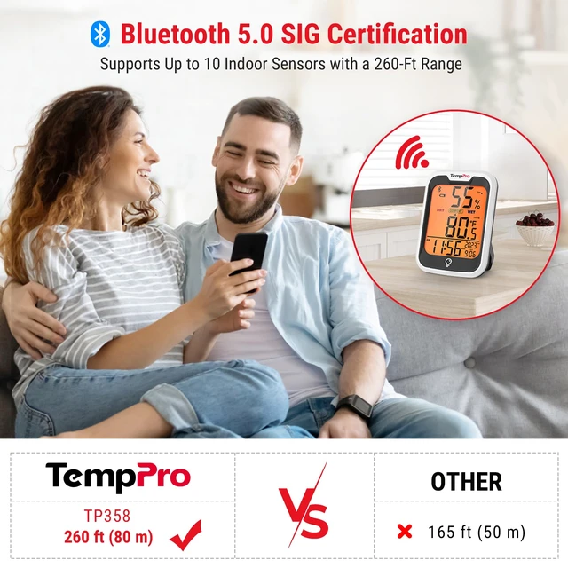 Alt view image 3 of 7 - TempAir Bluetooth Thermometer for Room Temperature with Clock | 260 ft Smart Temperature Sensor and Humidity Meter with Backlit, Hygrometer Indoor Thermometer with Data Storage Export