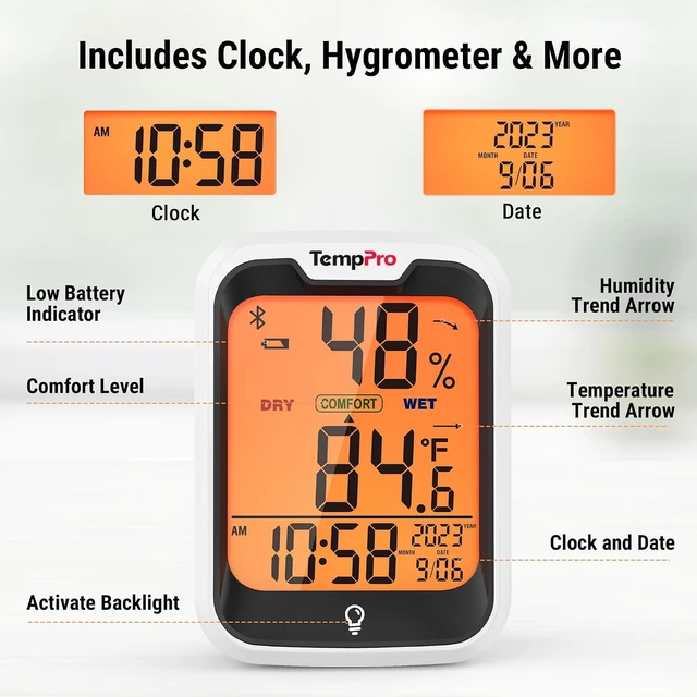 Alt view image 6 of 7 - TempAir Bluetooth Thermometer for Room Temperature with Clock | 260 ft Smart Temperature Sensor and Humidity Meter with Backlit, Hygrometer Indoor Thermometer with Data Storage Export
