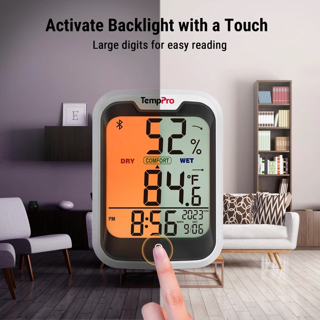 Alt view image 7 of 7 - TempAir Bluetooth Thermometer for Room Temperature with Clock | 260 ft Smart Temperature Sensor and Humidity Meter with Backlit, Hygrometer Indoor Thermometer with Data Storage Export